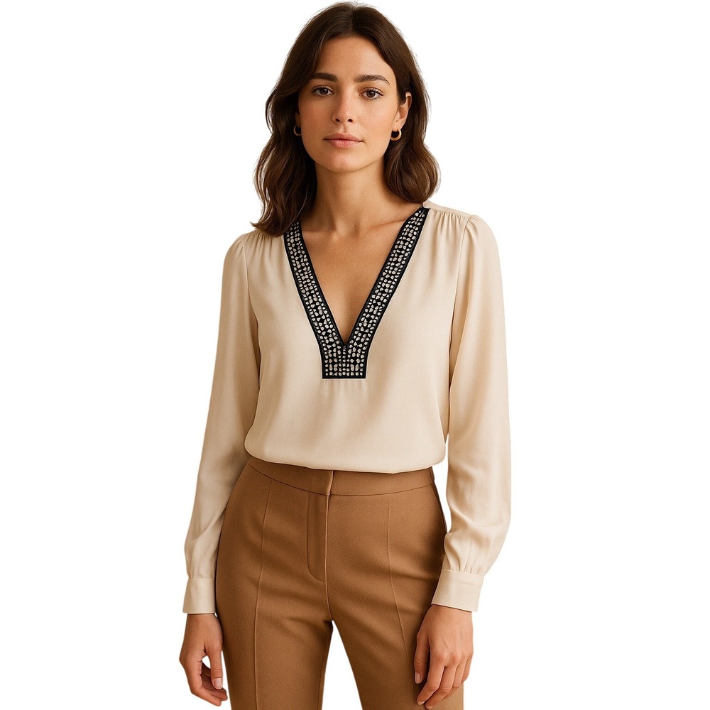 Catherine Malandrino Silk Blouse Cream V Neck Embroidered Trim Quiet Luxury P‎